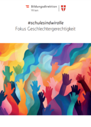 Coverfoto der Broschüre #schulesindwiralle. Zu sehen ist ein buntes Bild mit unterschiedlichen Händen, die aufzeigen.