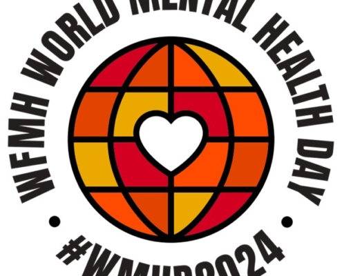 Logo mit dem Text: WFMH World Mental Health Day. In der Mitte ist eine grafische Erdkugel mit einem Herz in der Mitte